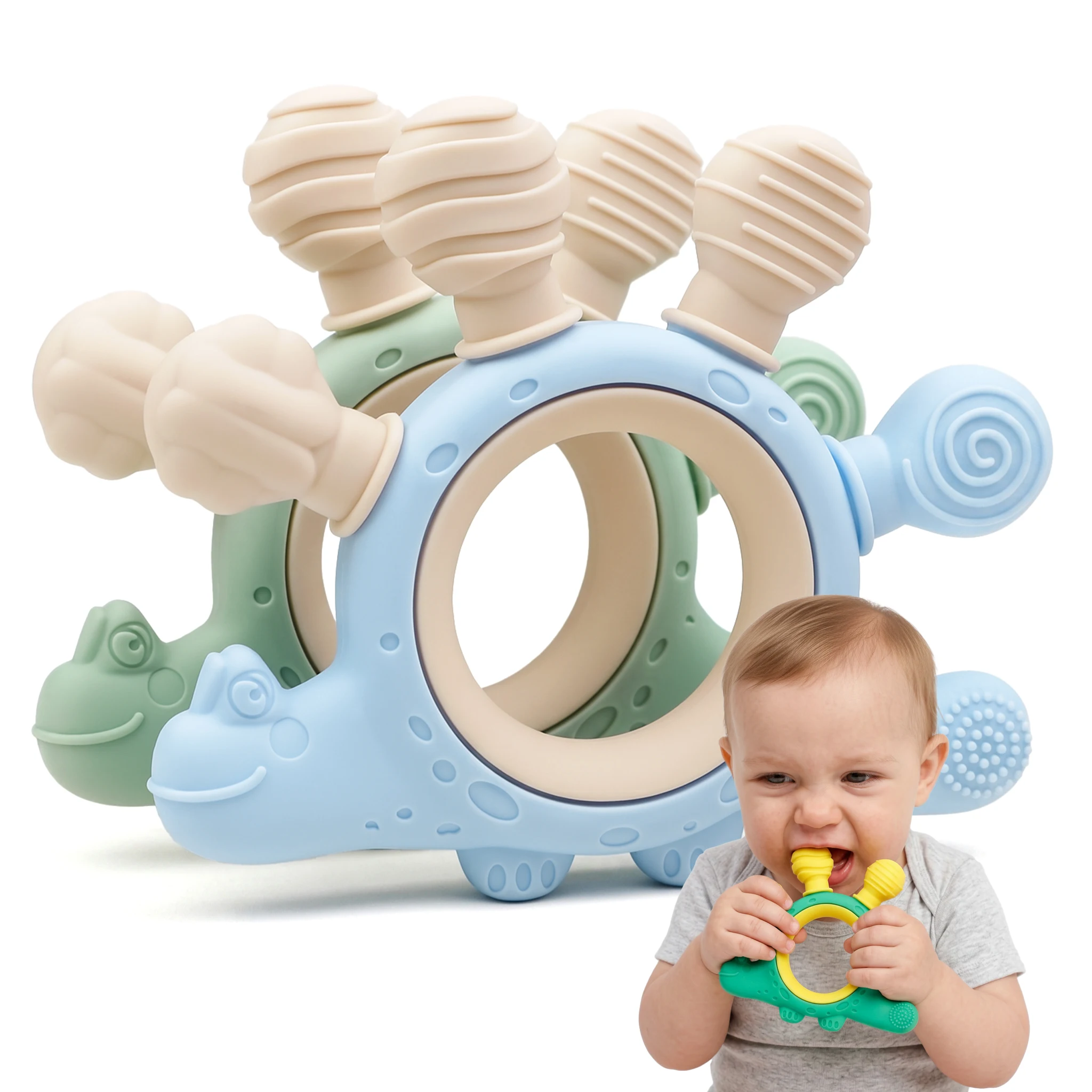 Silicone Toy for Baby, BPA Free Easy Grip Dinosaur Teether for Toddlers Gift