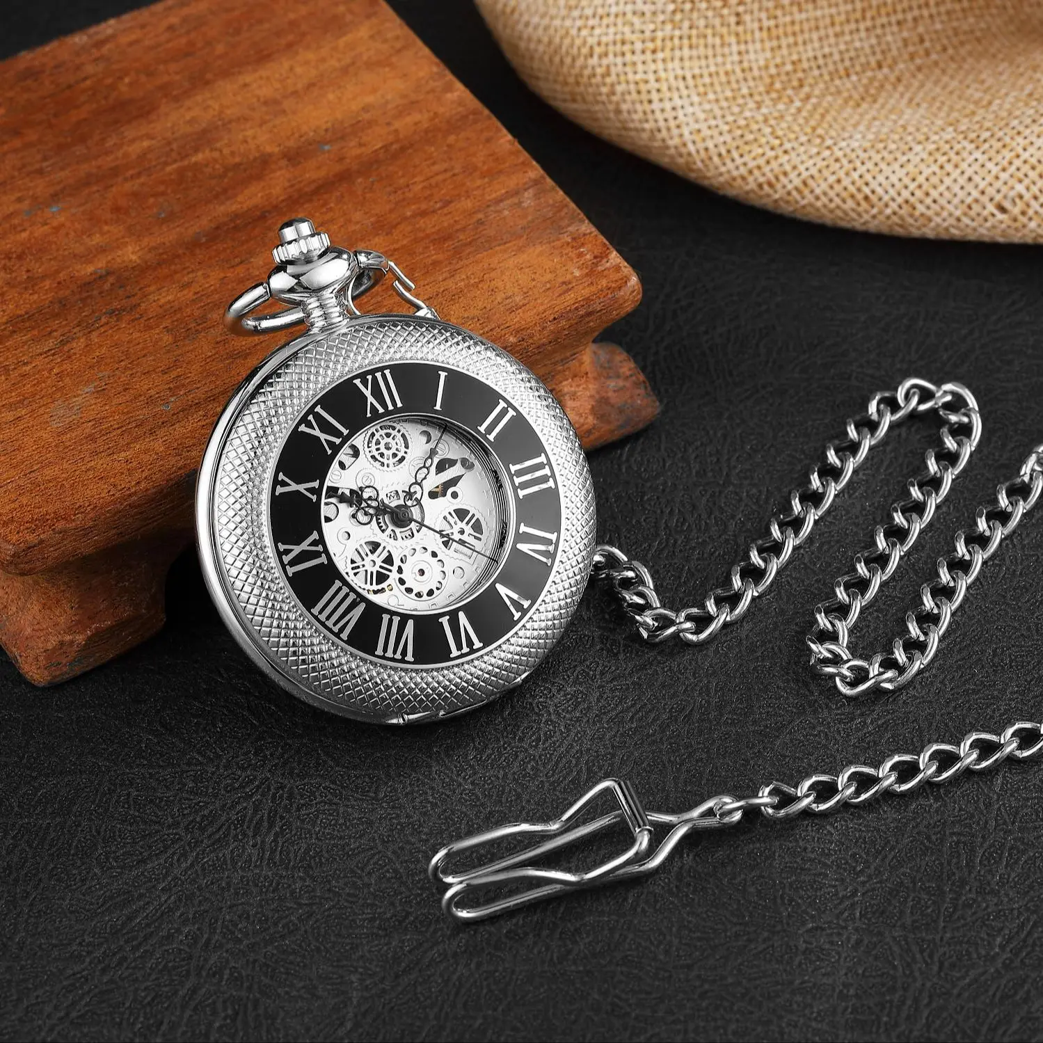 

Vintage Silver Pocket Watch Mechanical Hand Wind Steampunk Necklace Fob Watch Chain Roman Numerals Clock For Women Reloj Hombre