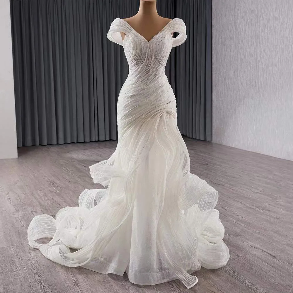 

New Wedding Dress Off Shoulder Sweetheart Beading Lace Up Back Sexy Ruffles Bridal Dress