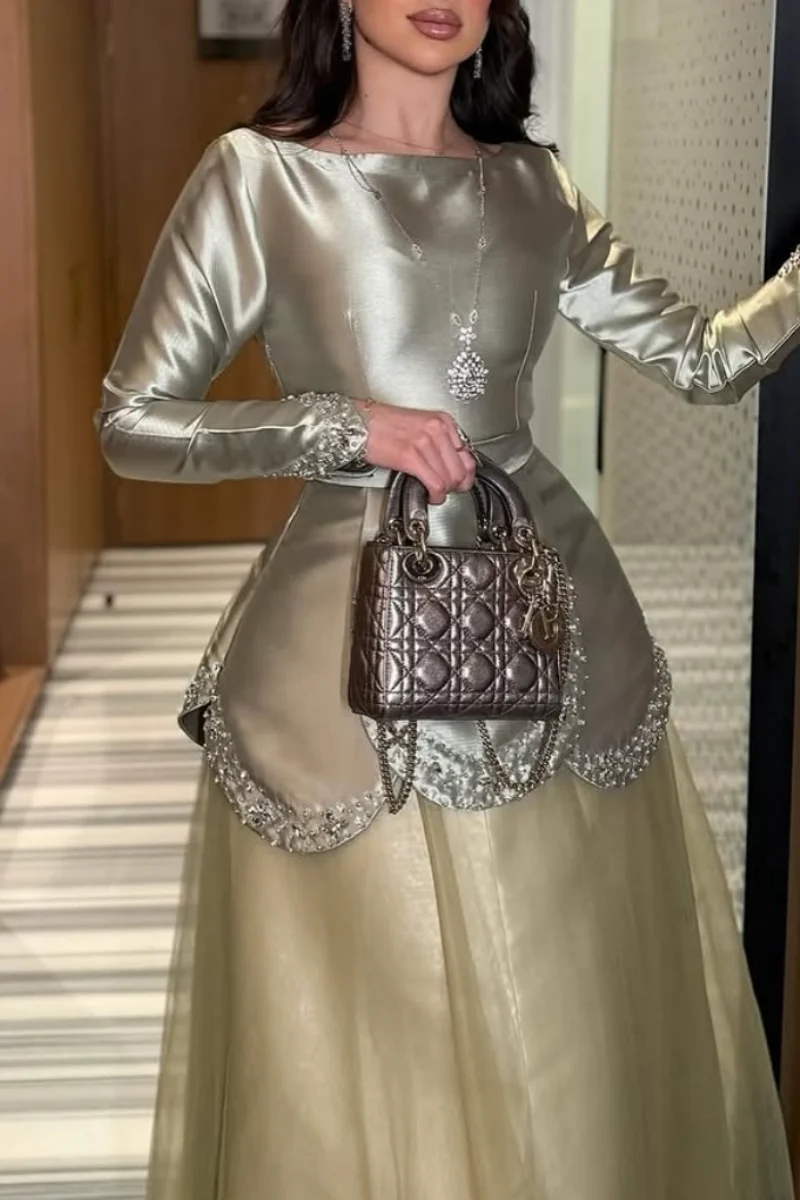 Jessica Light Green Satin Long Sleeves Evening Dresses Organza Beaded Elegant Lady Prom Dresses Special Occasions Customized