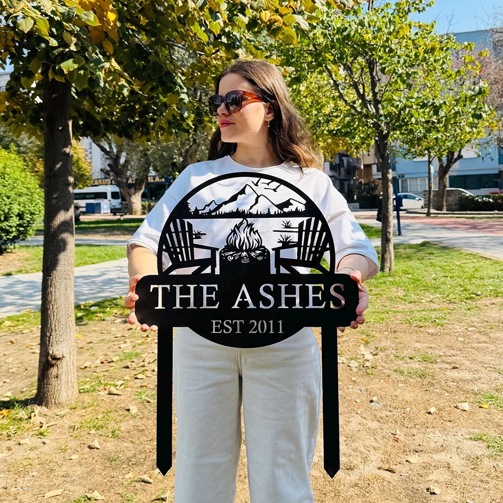 

Custom Metal Campfire Sign with Stakes, Personalized Cabin Sign, Camp Decor, Outdoor Life Lovers Gift, Camp Name Sign