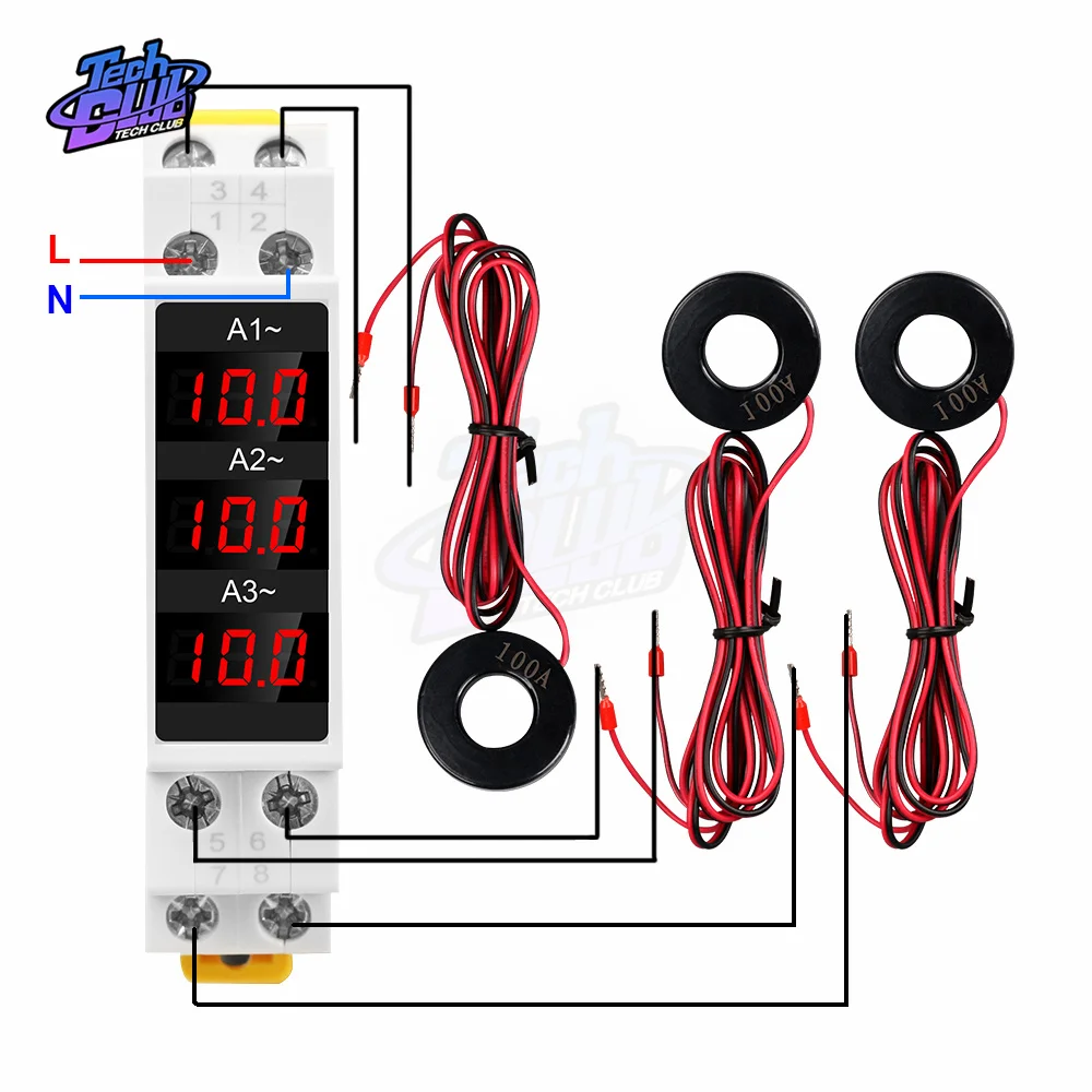 AC 80~500V 1~100A LED Din Rail Digital Display Ammeter Three-Phase Modular Current Meter Gauge Indicator Electrician Tool