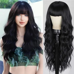 Long Wavy Black Wig for Women Daily Party Natural Synthetic Blonde Wigs with Bangs Body Wave Wigs Cosplay Hair Heat Resistant