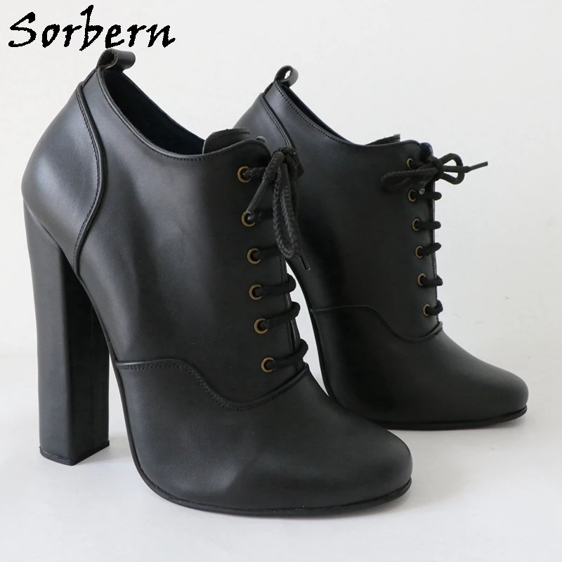 Sorbern Real Leather Pump Shoe Unisex Block High Heel Round Toe Lace Up Fetish Chunky Heeled Black 16Cm Shoe Custom Colors