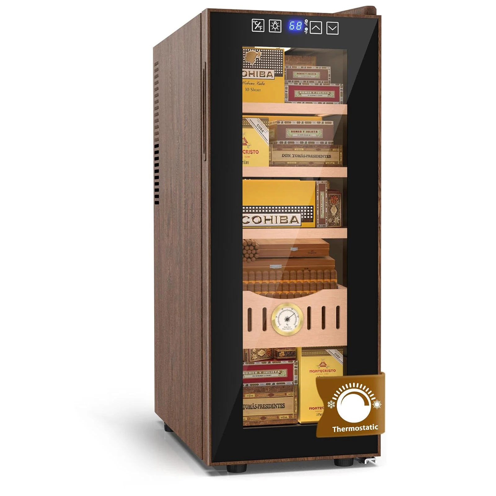 

35L Thermostatic Electric Humidor, 250 Counts Wooden Large Cigar Humidor, Wood Pattern Cooling and Heating Temperature Control