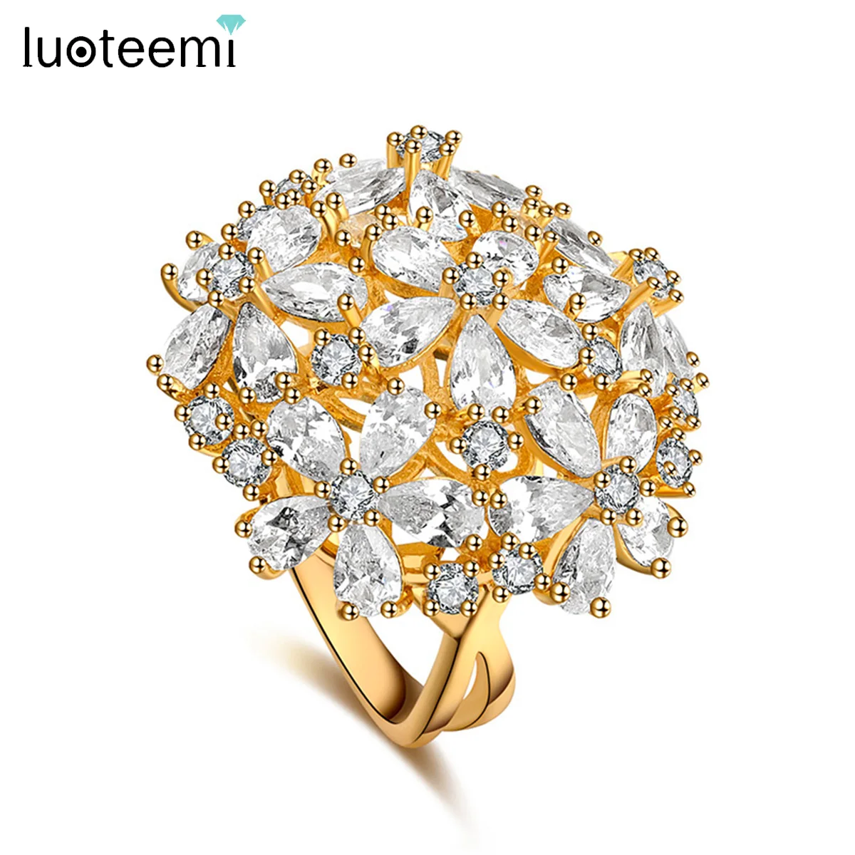 LUOTEEMI Design Zircon Flowers Shape Gold Color Rings for Women Chic Wedding Bridal Engagement Party Girl's Luxurious Sweet Ring