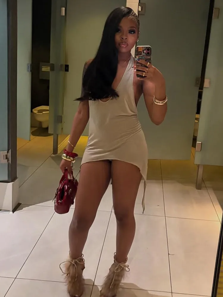 Joskaa 2025 Vestido ajustado con espalda descubierta y cuello halter para mujer, minivestido sexy con escote en V profundo, sin mangas, ajustado, irregular, traje de club de medianoche