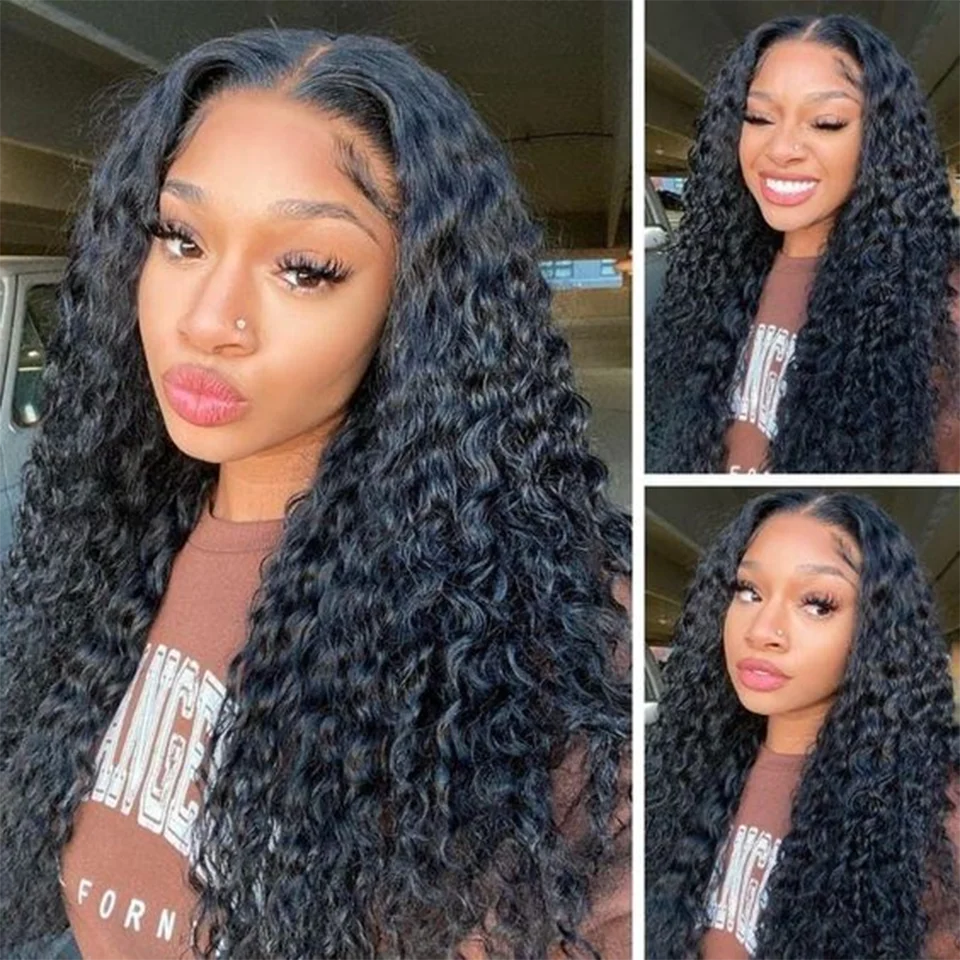 Deep Wave Human Hair Bundles With Closure 3/4 Bundle With Closure 26 28 30 Inch Human Hair Natural Color Kinky Curly Bundles