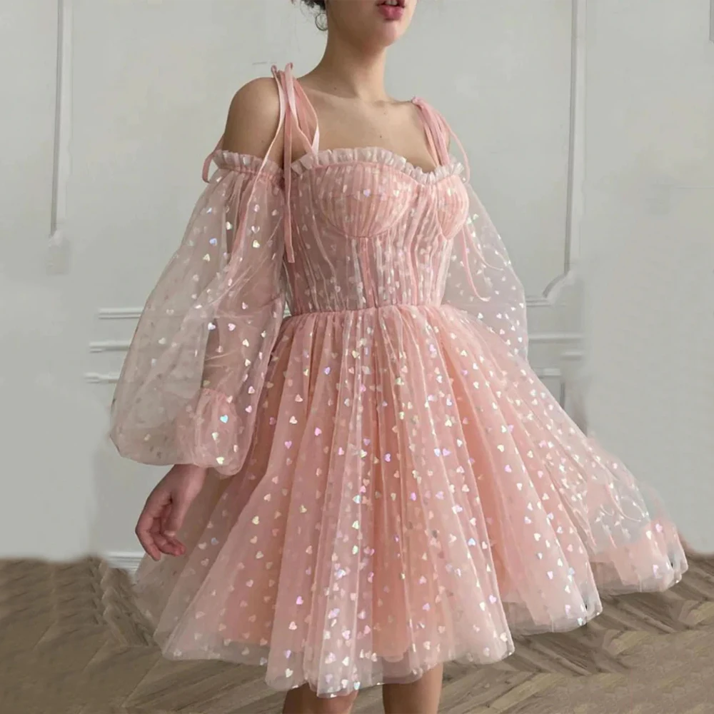 

Exquisite Formal Occasion Dresses Illusion Puff Sleeves Pretty Sequins Open Back Sweetheart Neck Short Party Cocktail Dress