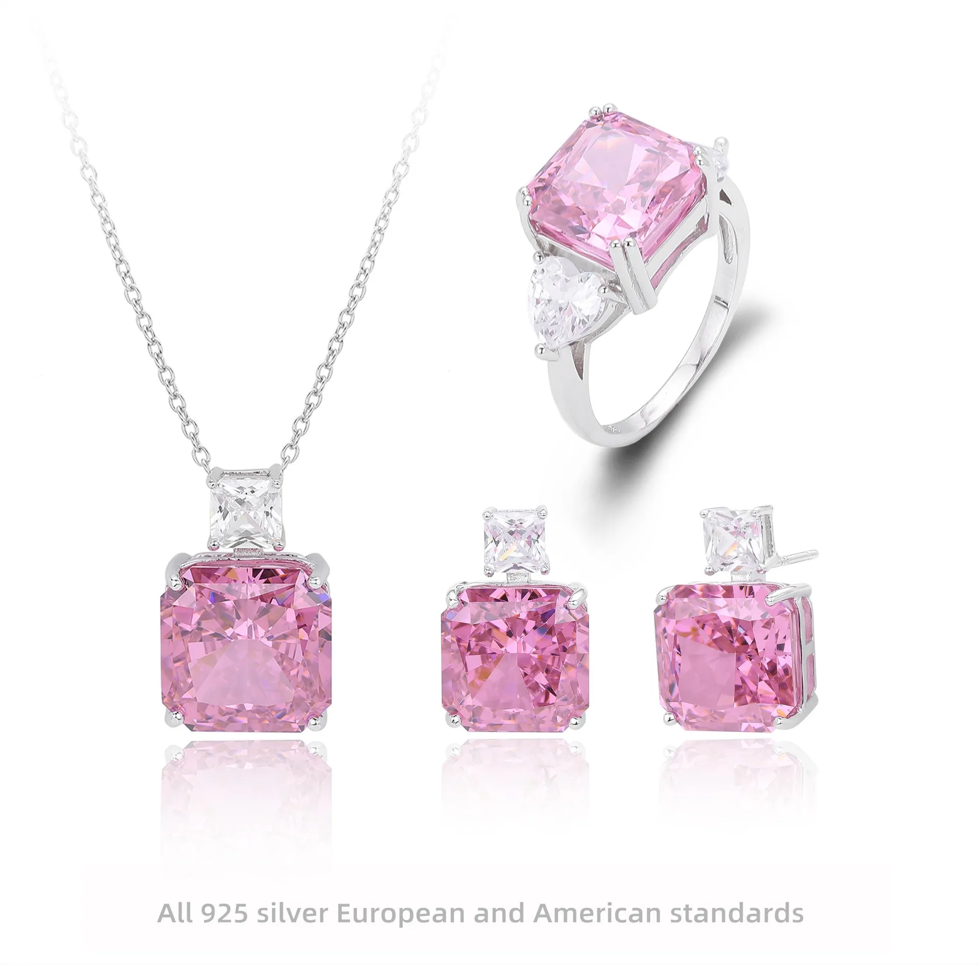 

S925 Sterling Silver Princess Cut Pink Zircon Jewelry Set Square Minimalist Earrings Ring Necklace Gift for Women
