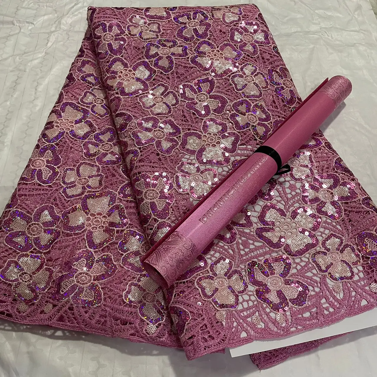 Luxury Pink Lace Fabric with Sequins 5 Yards Embroidery Guipure French Lace Material with 3D Sego Headtie Wrap 2PCS for 2025