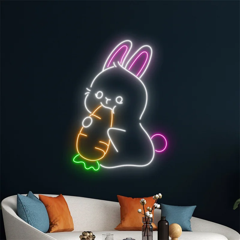 Lapin Carrot Neon Sign, Lapin Led Light, Joyeuses Pâques Neon Light, Décor mural de chambre de Pâques, Lapin Led Light