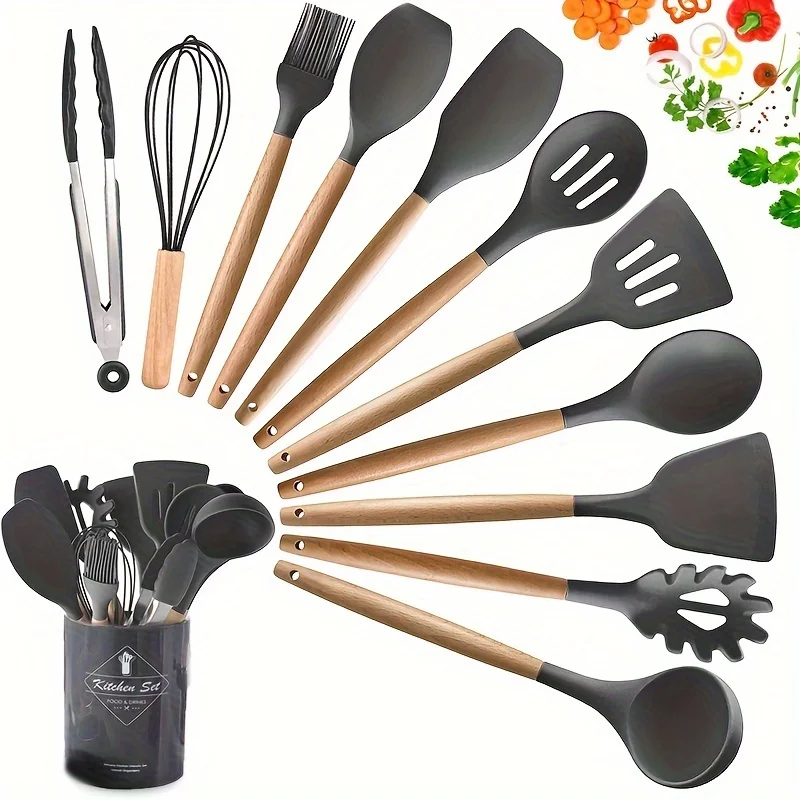 Kitchen Silicone Cooking Utensils, 12 Pc Kitchen Utensil Set, Wooden Kitchen Utensils, Kitchen Gadgets and Spatula Set