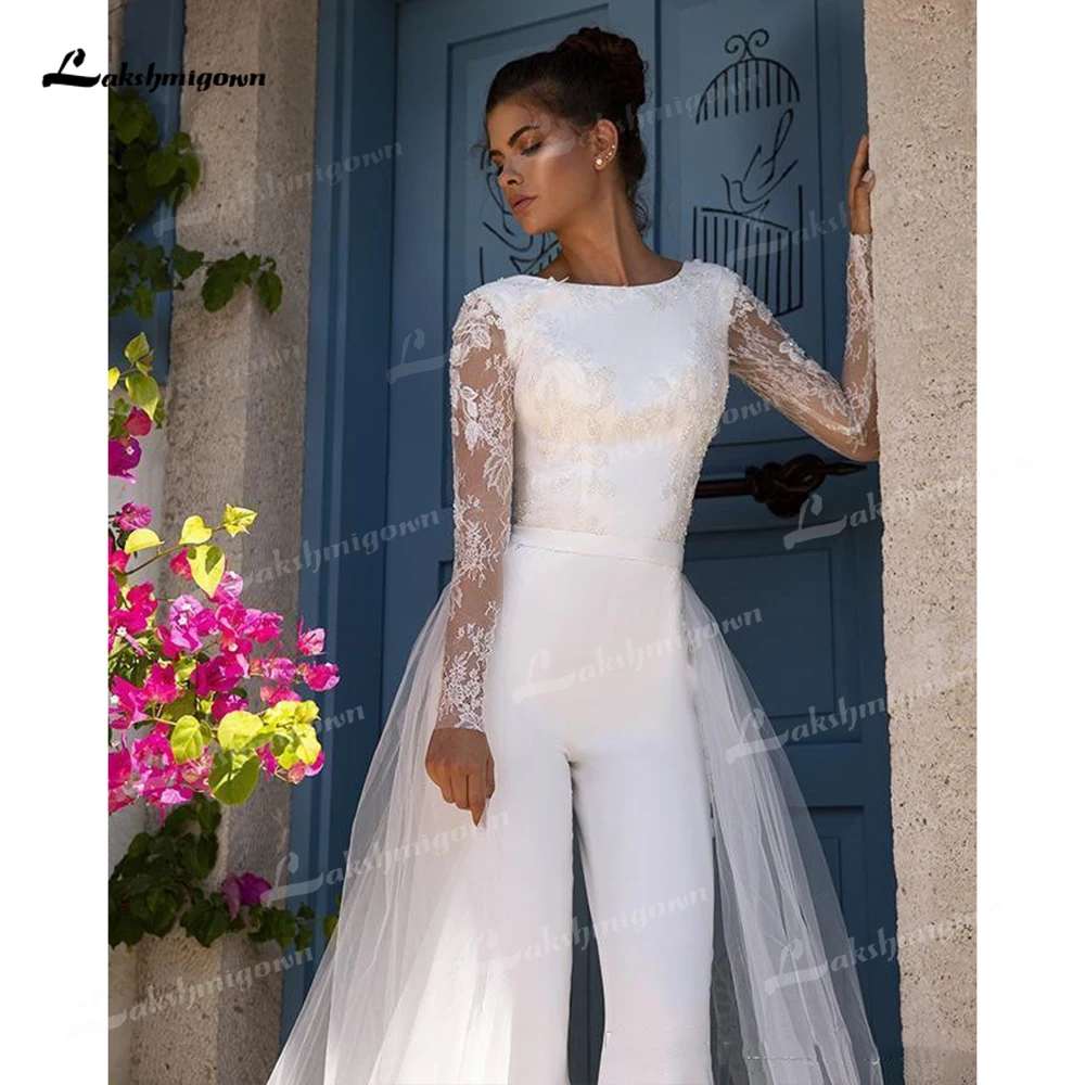 Boho Beach Modest Long Sleeve Jumpsuits Wedding Dress With Detachable Train Lace Bohemian Wedding Dress Bridal Gowns