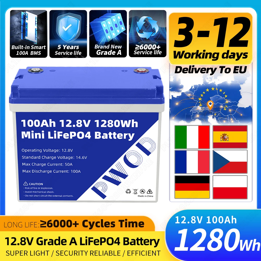 12V 100Ah LiFePO4-Akkupack 12,8V 1280Wh mit integriertem Smart BMS, wiederaufladbar, über 6000 Zyklen, Lithium-Eisenphosphat für Camping, Boote, Solaranlagen, Wohnmobile, Elektrofahrzeuge