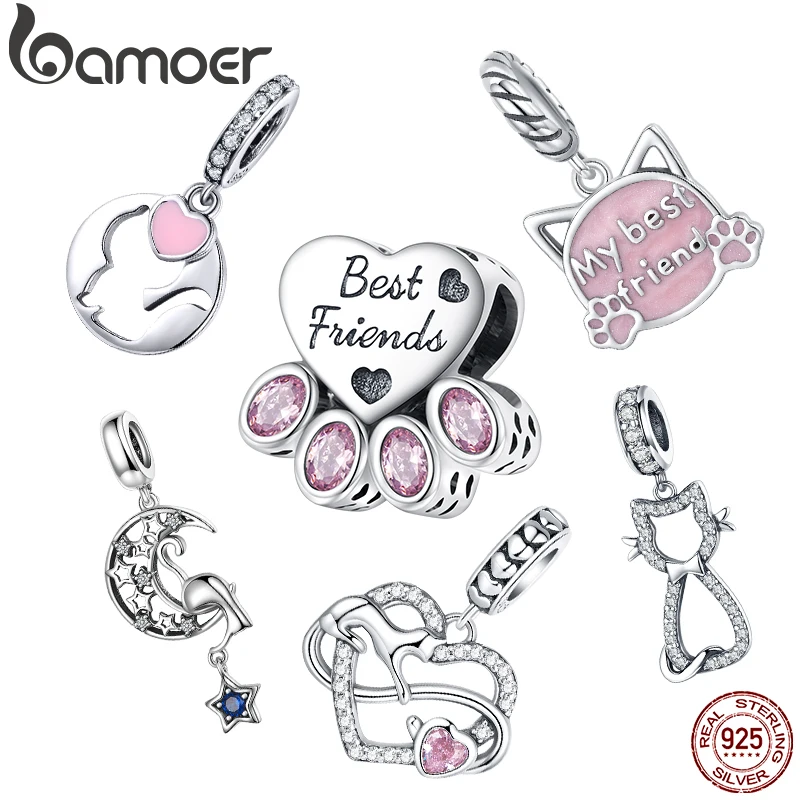 Bamoer-abalorio de plata de ley 100% 925 con forma de gato, accesorio para pulsera y brazalete femenino, cuentas originales, fabricación artesanal de joyería fina