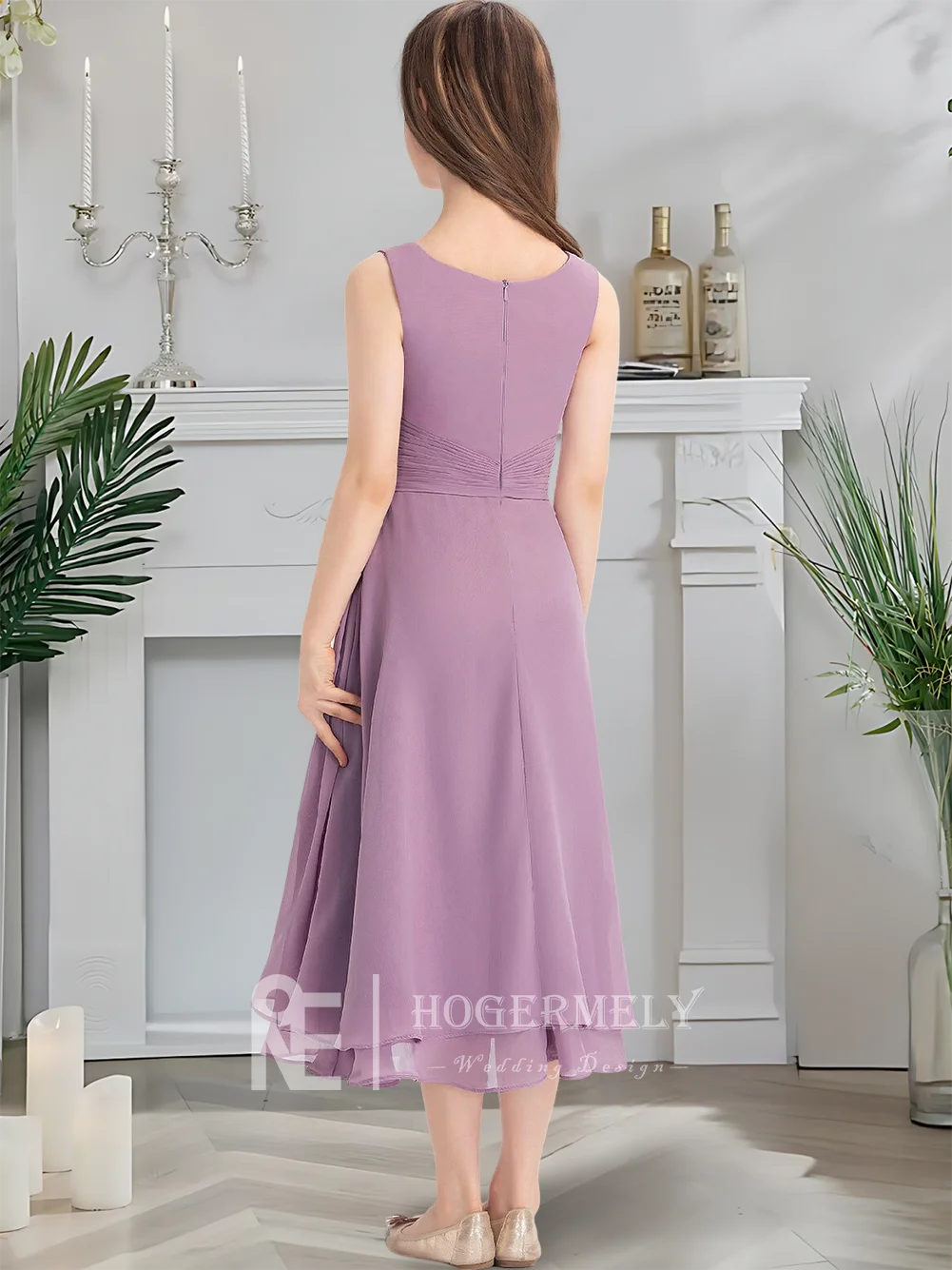 Изящное трапециевидное платье для подружек невесты, сиреневое платье с цветочным узором для девочек, свадебное платье чайной длины с квадратным вырезом и бантом с поясом для юниоров