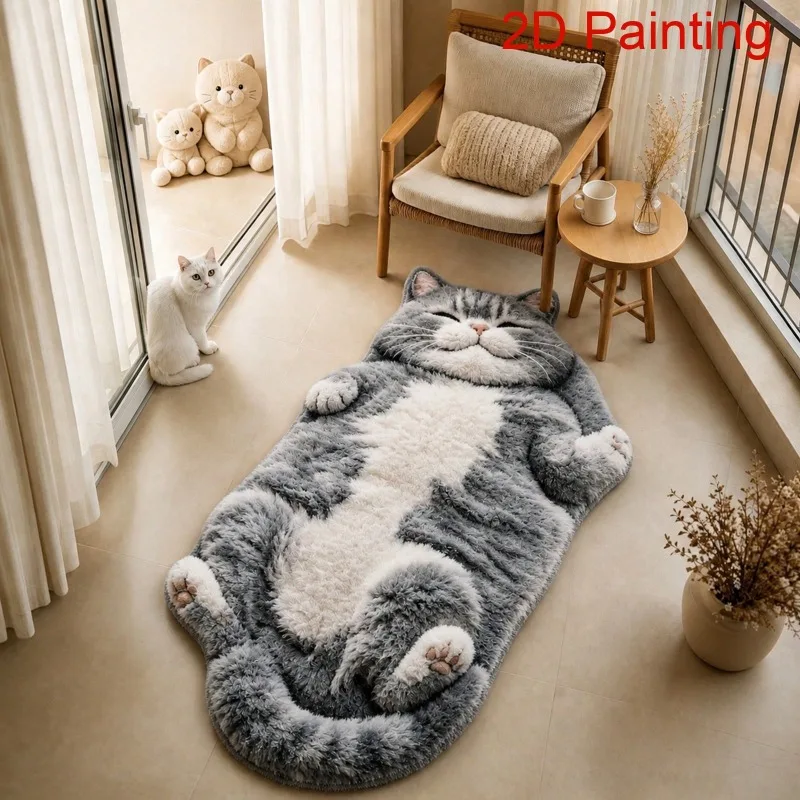 1PC British Shorthair Cat Faux Cashmere Area Rug, Non Slip Back Cute Cat Decor Floor Mat, Soft Fluffy Carpet For Bedroom Bedside, Window Sill, Vanity Table & Entryway, Perfect Gift For Cat Lovers