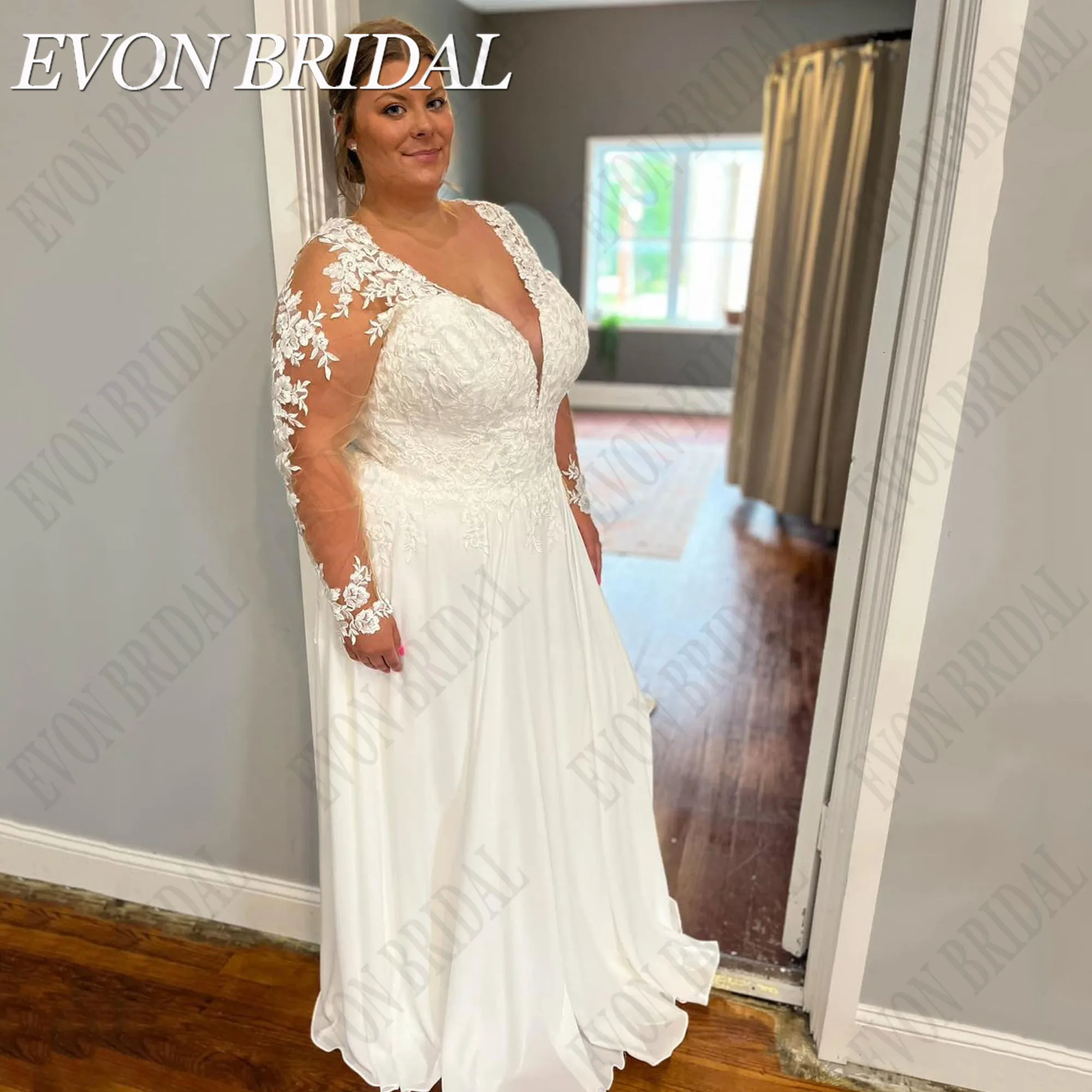 

EVON BRIDAL Civil Plus Size Wedding Dress Long Sleeves V-Neck Chiffon A-Line Robe De Mariée Applique Lace Sweep Train Customized