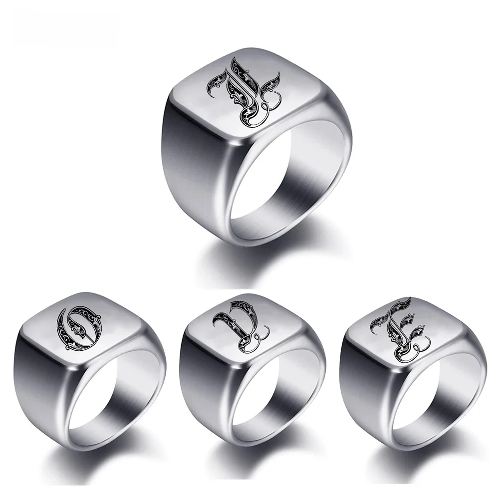 Initialgravierte individuelle Ringe für Männer, Edelstahl, männlicher Siegel, leerer Schmuck, Ringband, hochglanzpolierter Silberton, US-Größe