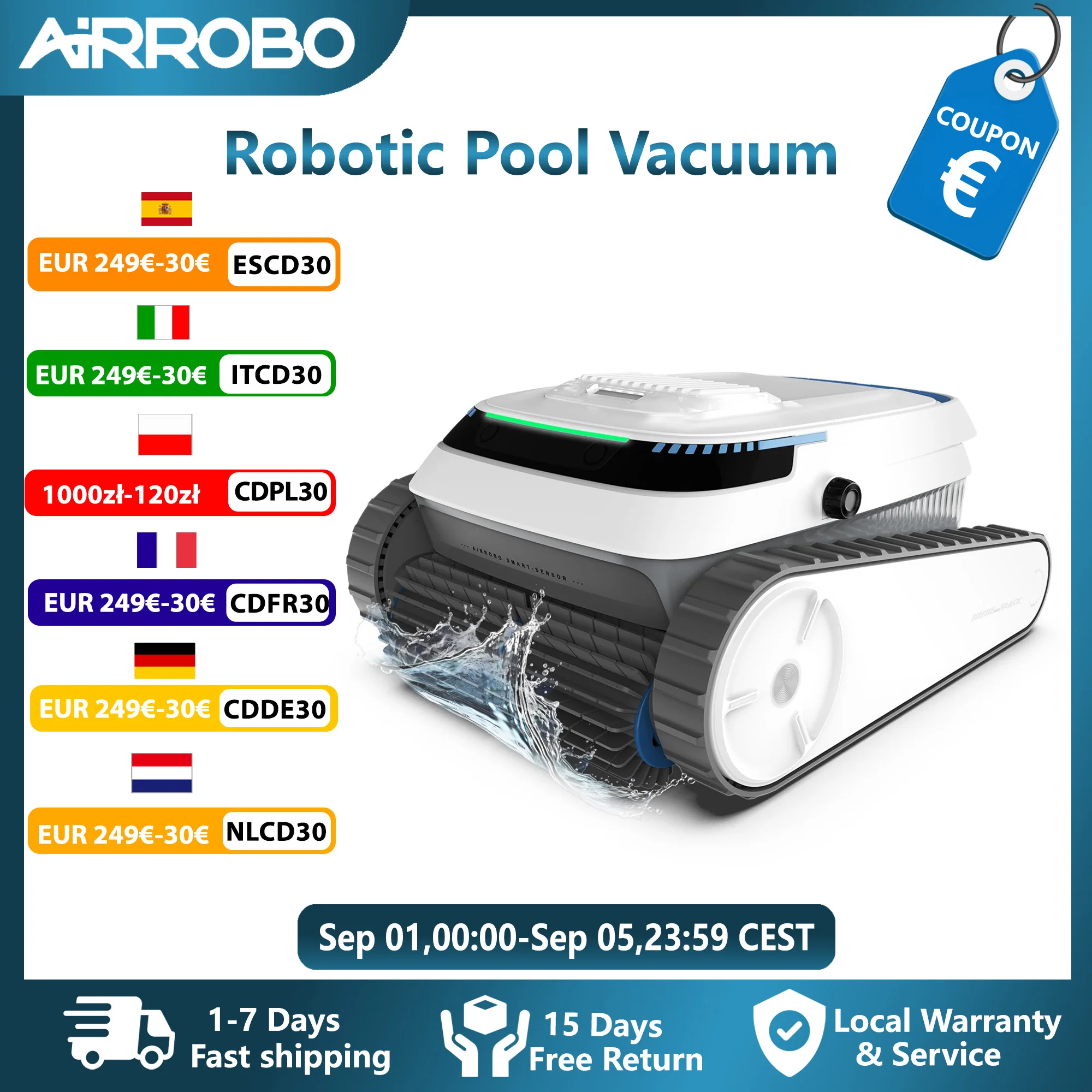 AIRROBO Robot nettoyeur de piscine intelligent – autonomie de 120 minutes, escalade murale, nettoie les sols/pouses/line d'eau pour piscines creusées et supérieures