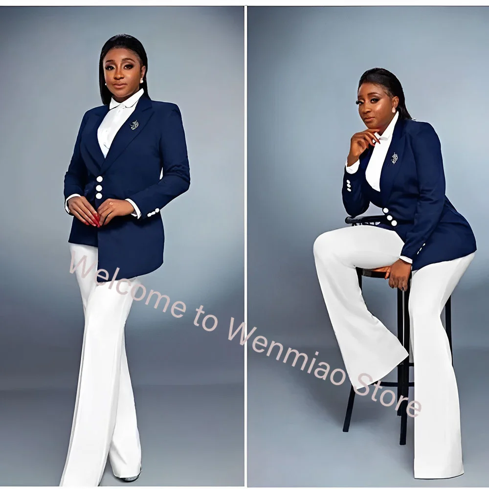 Navy Women's Blazer 2-piece Set Fashionable Jacket Pants Set Ladies Suit Formal Business Workwear Office Lady Outfit