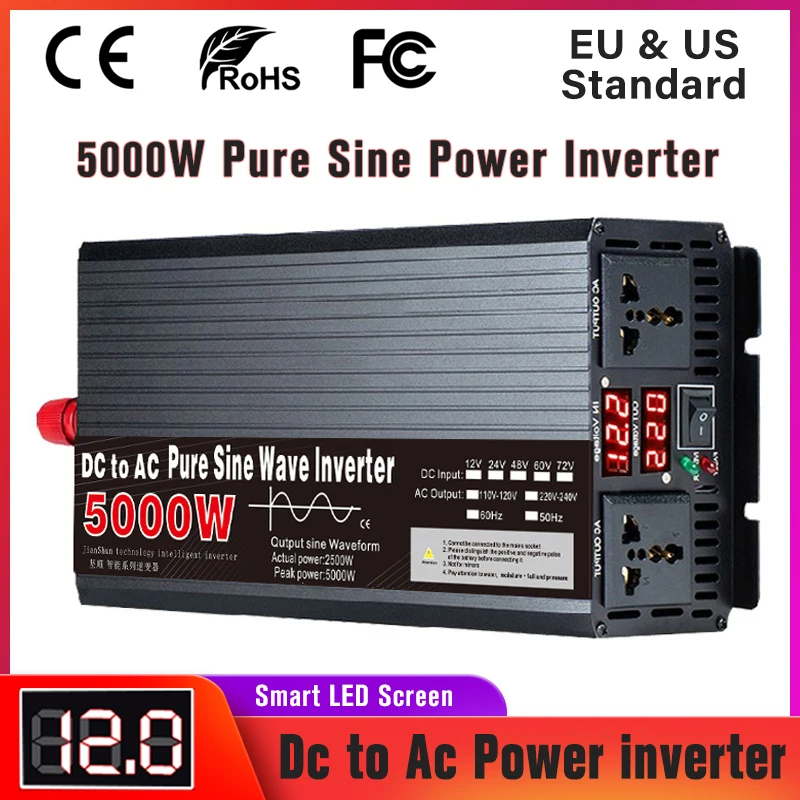 Pure Sine Wave Inverter 12V 24V To 220V 3000W 4000W 5000W 6000W High Power Vehicle DC to AC Voltage Converter Car Solar Inverter