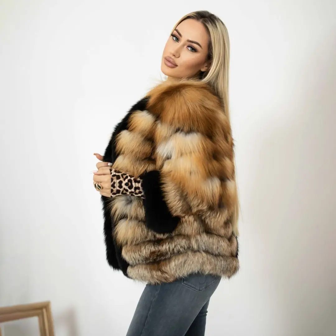 Winter Fashion Natural Fox Fur Jacket Round Collar High Quality Women Natural Fox Fur Coat Thick Warm Fur Overcoats Luxury Woman