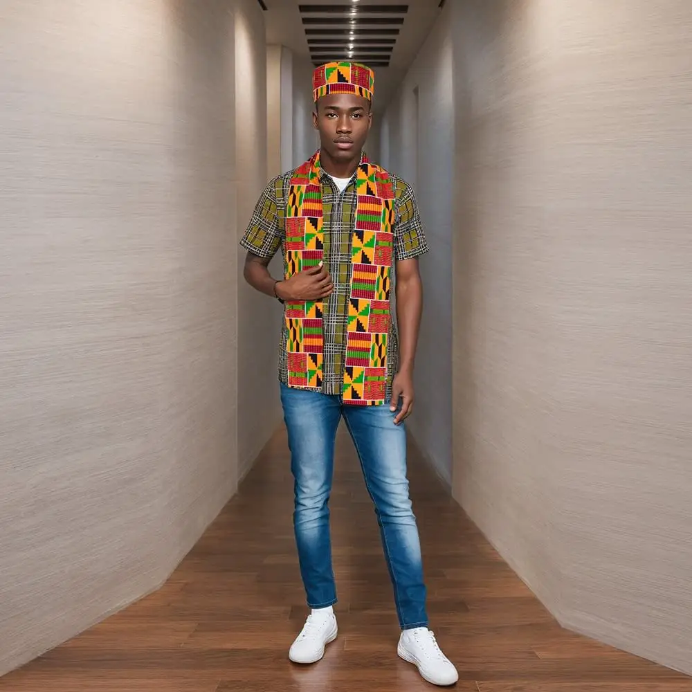 African Kente Pattern Kufi Hat and Stole Sash Shawl for African Black History Party Outfits