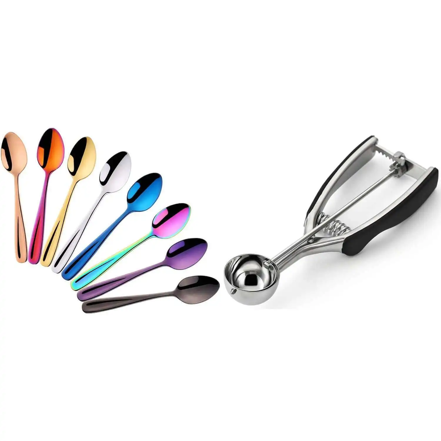 Colored Coffee Spoons, Stainless Steel Tea Spoons & Ice Cream Scoop, Cookie Scoop, Mini Dessert Spoons Teaspoons (9 Pcs)