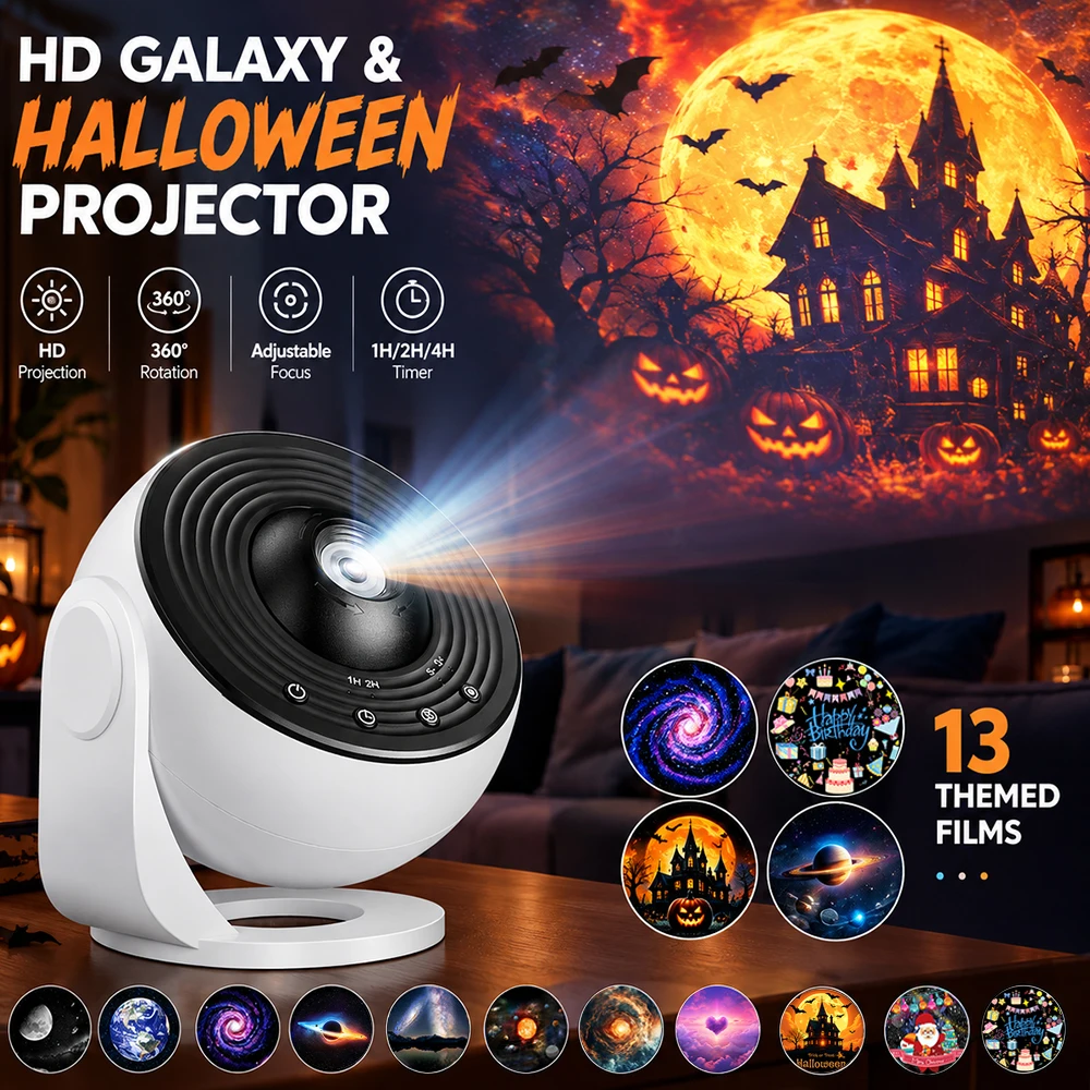 Galaxy-projector, 4K HD-sterrenprojector met 13 filmrollen, nachtlampje in de vorm van een planetarium, 360 graden draaibaar. ° , instelbare focus, timer, voor kinderen en volwassenen, geschikt voor