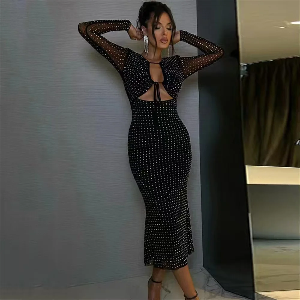 2024 Autumn New Black Sexy V Neck Long Sleeve Diamond Hollow Fashion Dress Elegant Party Dress Vintage