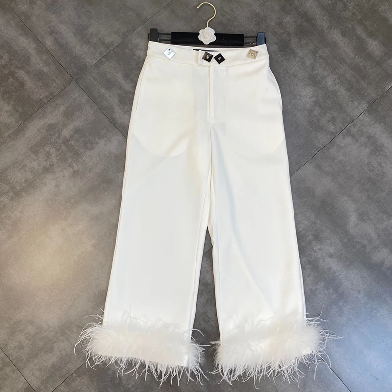 

Ostrich Feather Decorative Straight Pants with Square Buckle, Straight, Wide Leg, Streetwear, New Fashion Designer, 2024