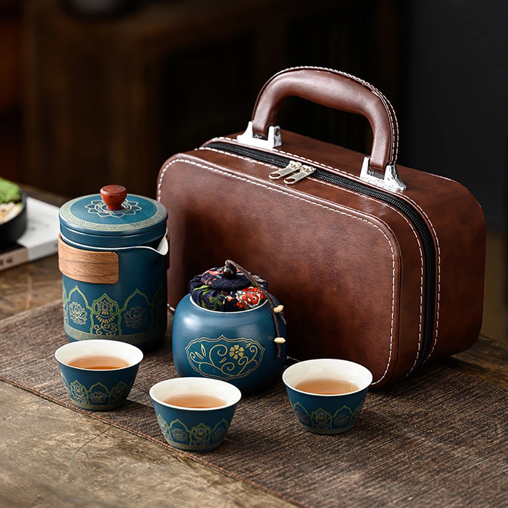 Travel Tea Set Portable Kung Fu Tea Set Ceramic Teapot Tea Canister Tea Cup Outdoor Quick Cup Tea Canister Leather Bag Packing