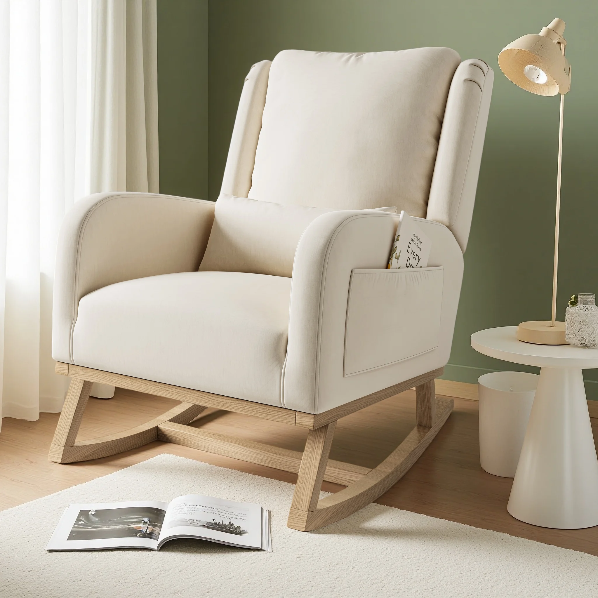 Suprealy, Schaukelstuhl, Einsitziger Freizeit-Schaukelstuhl mit Lendenkissen und Seitentaschen, Sessel-Schaukelstuhl, für Wohnzimmer, Schlafzimmer, Balkon – Perfekt zum Stillen, Lesen und Entspannen,