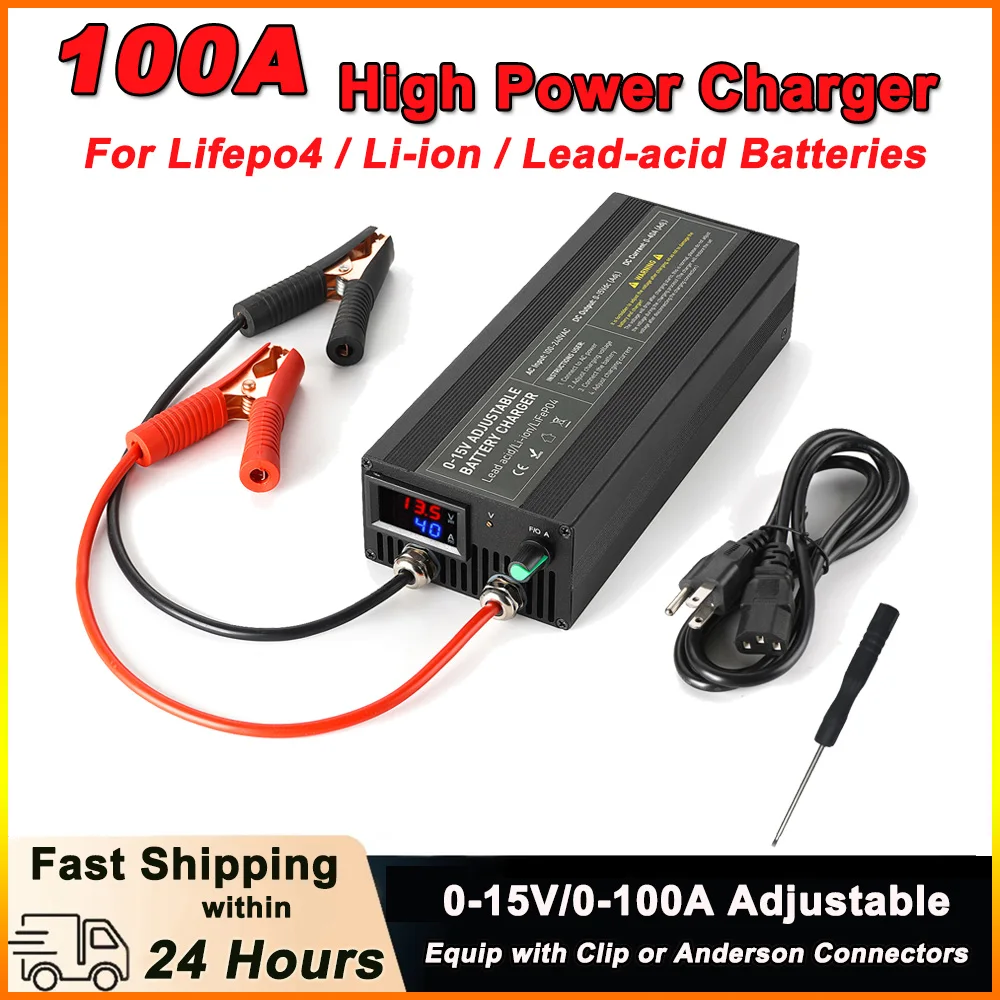 

14.6V Fast Battery Charger Fully Automatic 0-15V Adjustable 200AH 300AH LiFePO4 RV Solar Battery Charging 60A 100A Power Adapter