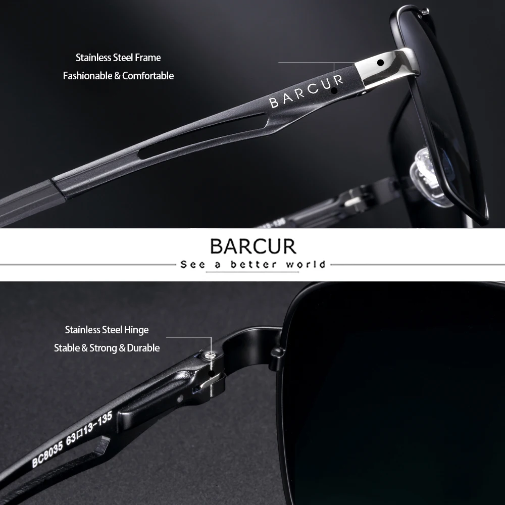 BARCUR Brand Pilot Style Metal Frame Sunglasses Men HD Polarized Women Shades Driving Photochromic Sun Glasses Mirror UV400