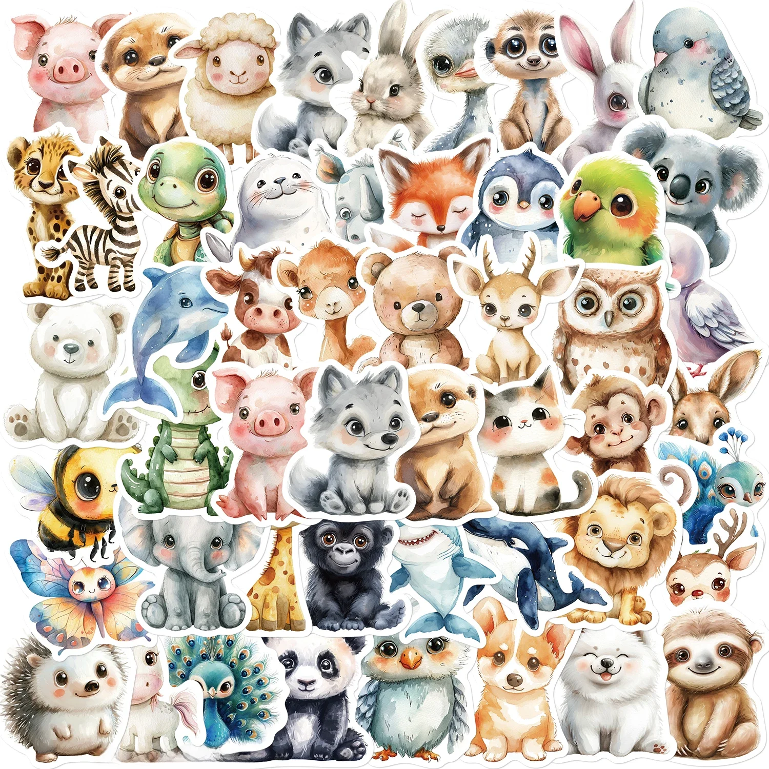 50 pièces mignon aquarelle animaux Graffiti autocollants dessin animé bricolage Skateboard coque de téléphone ordinateur portable étanche Cool autocollant décalcomanies jouet