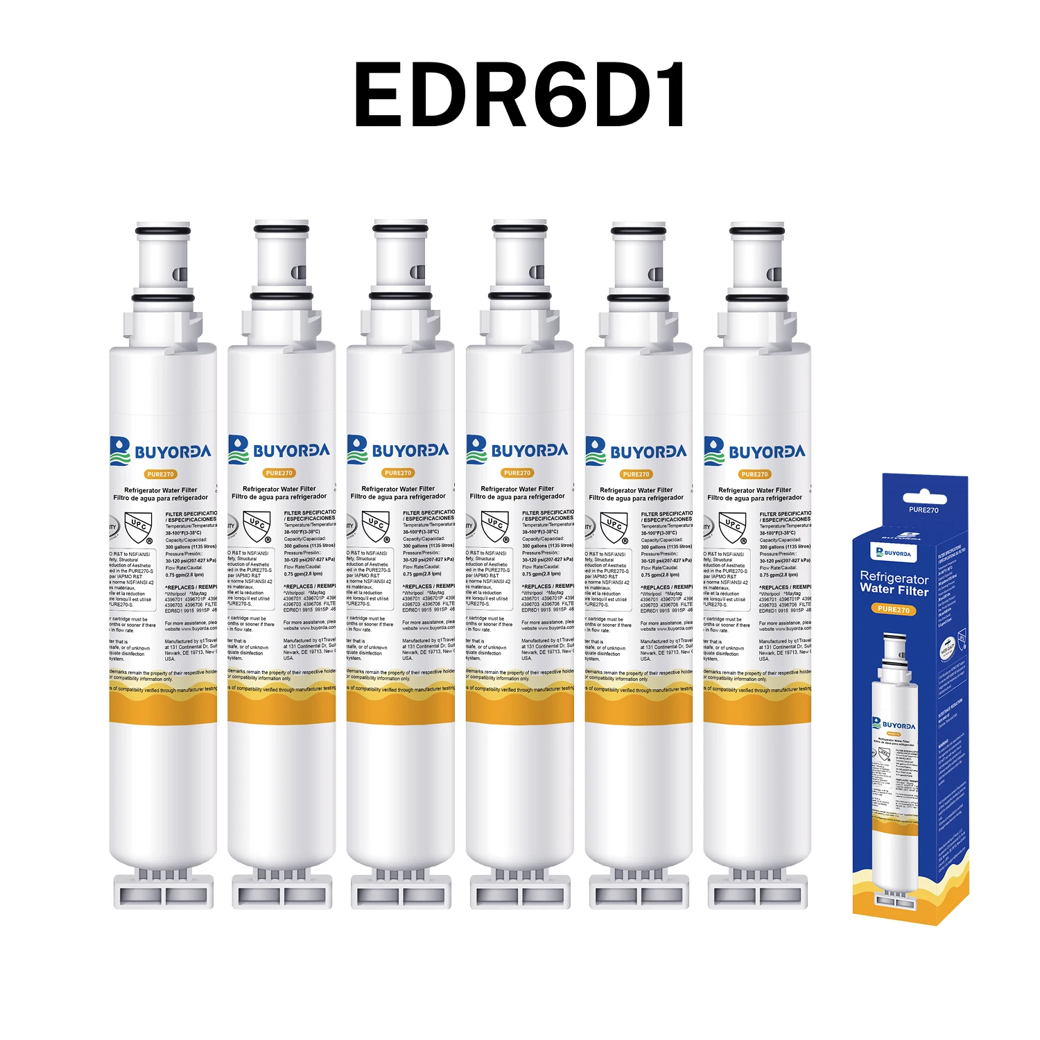 

Фильтр для воды EDR6D1 (6 шт.) для Whirlpool WFL200 WFNL120V, Kenmore 9915 469915, угольный, быстрый контроль запаха, быстрая замена, 6 штук в упаковке