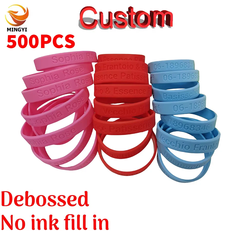 

500 шт. силиконовые браслеты с тиснением на заказ, выгравированные, без чернил, браслет, персонализированный браслет с текстом логотипа для мероприятий и спорта