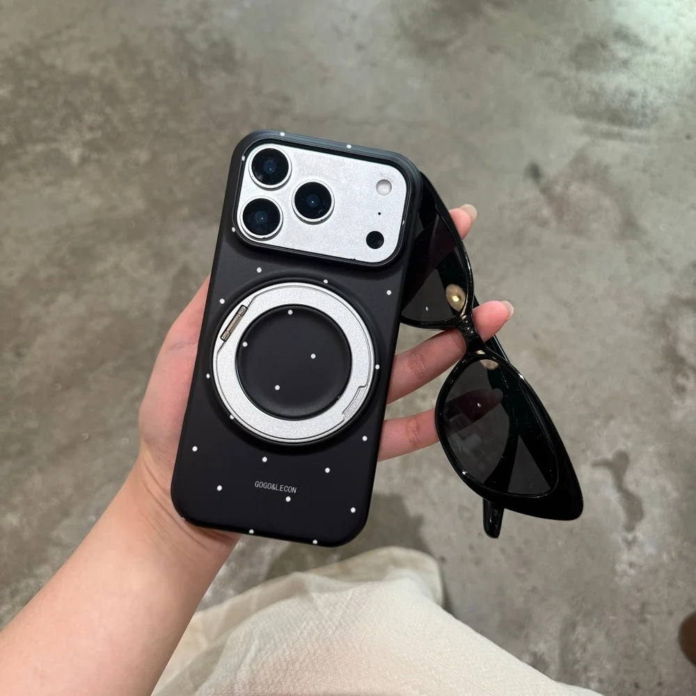 

INS Black And White Polka Dot Phone Case With Magnetic Stand For iPhone 17 Pro 15 16 17 Pro Max 15 16 Pro Luxury Shockproof Case