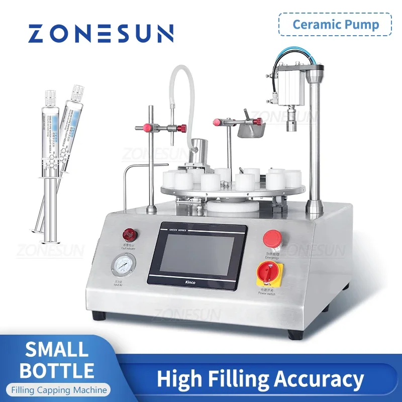 ZONESUN Desktop Automatic Small-dose Filler Ceramic Pump Rotary Vial Reagent Facial Essence Lotion Liqid Filling Capping Machine