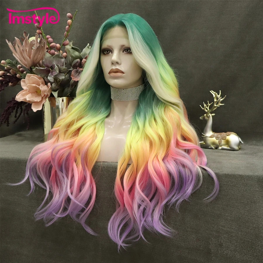 Imstyle-Peluca de cabello sintético con malla frontal para mujer, cabellera larga y ondulada de fibra resistente al calor, Multicolor, parte en T,