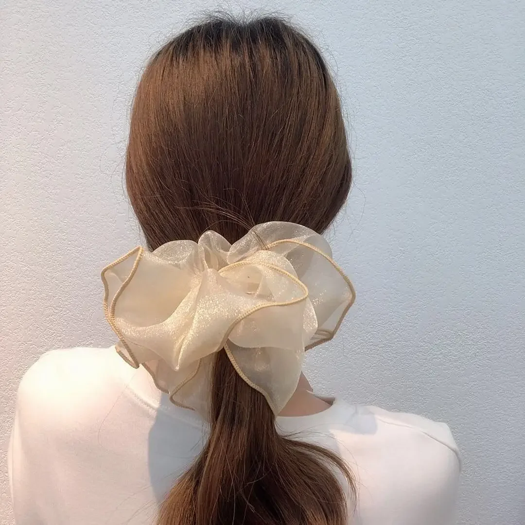 Lystrfac Fashion Summer Solid Color Oversize Scrunchies Kobieca opaska na głowę z organzy Elastyczna opaska do włosów dla dziewczynek Akcesoria do włosów — zdjęcie 2