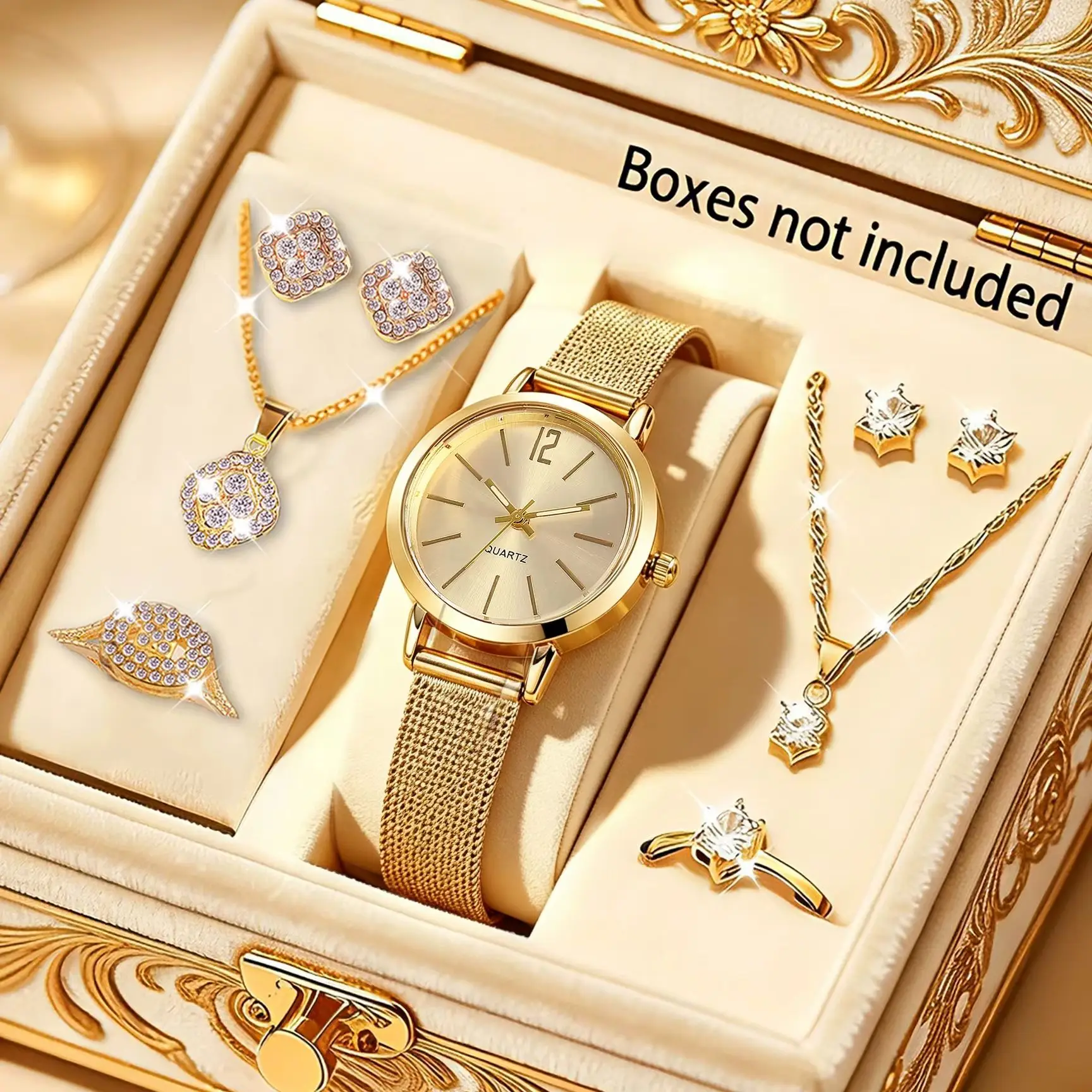 Women's 9-Piece Gold Watch and Jewelry Set, Plastic Quartz Wristwatch, Necklace, Earrings, Ring Jewelry Set, Elegant Alloy Accessories, Suitable for Daily Wear, Parties, Weddings, Holidays, Gift-Giving, Various Jewelry Combinations, Ideal Gift for Birthdays, Weddings, and Anniversaries