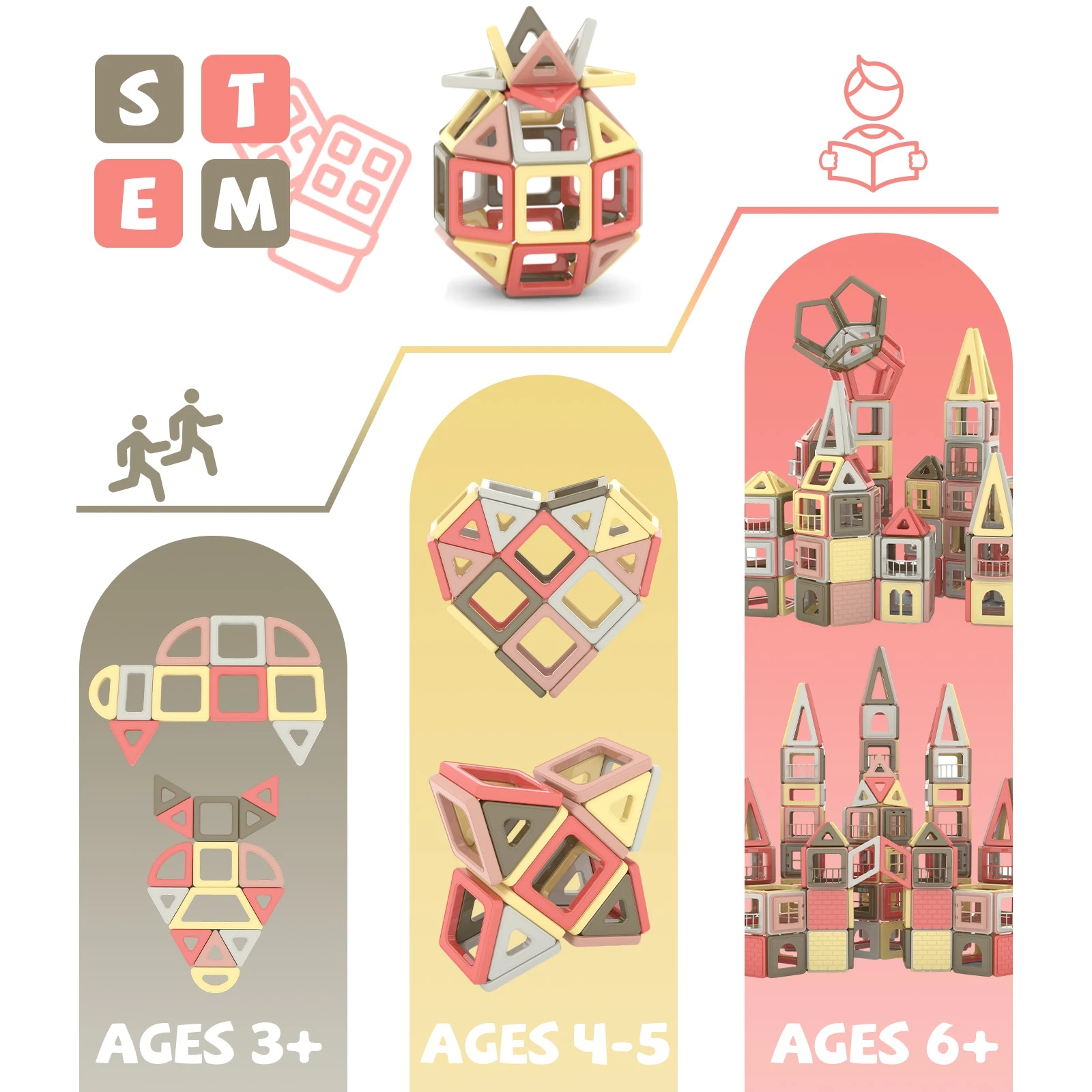 กระเบื้องแม่เหล็กหลากสี153ชิ้นสำหรับเด็กวัย4 5 6 7 8เด็กหญิงเด็กชายกระตุ้นการก่อสร้าง3D และการเล่นตามจินตนาการ