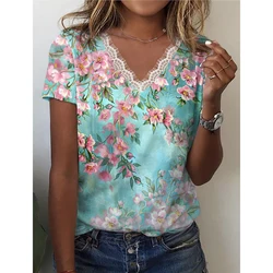 Women V-neck Tops Short Sleeve T-shirt Flower Print Elegant Ladies Blouse Harajuku Fashion Streetwear Oversized Summer Clothing