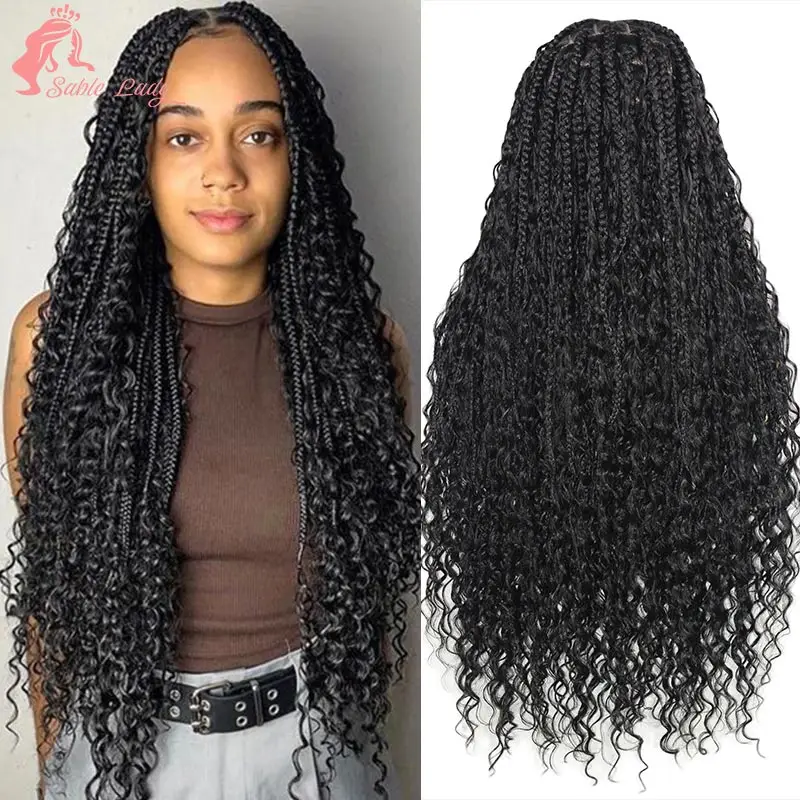 Synthetic Boho Box Braided Wigs Curly Hair Full Lace Front Wigs for Women Goddess Locs Braid Wig Burgundy Bohemian Box Braid Wig