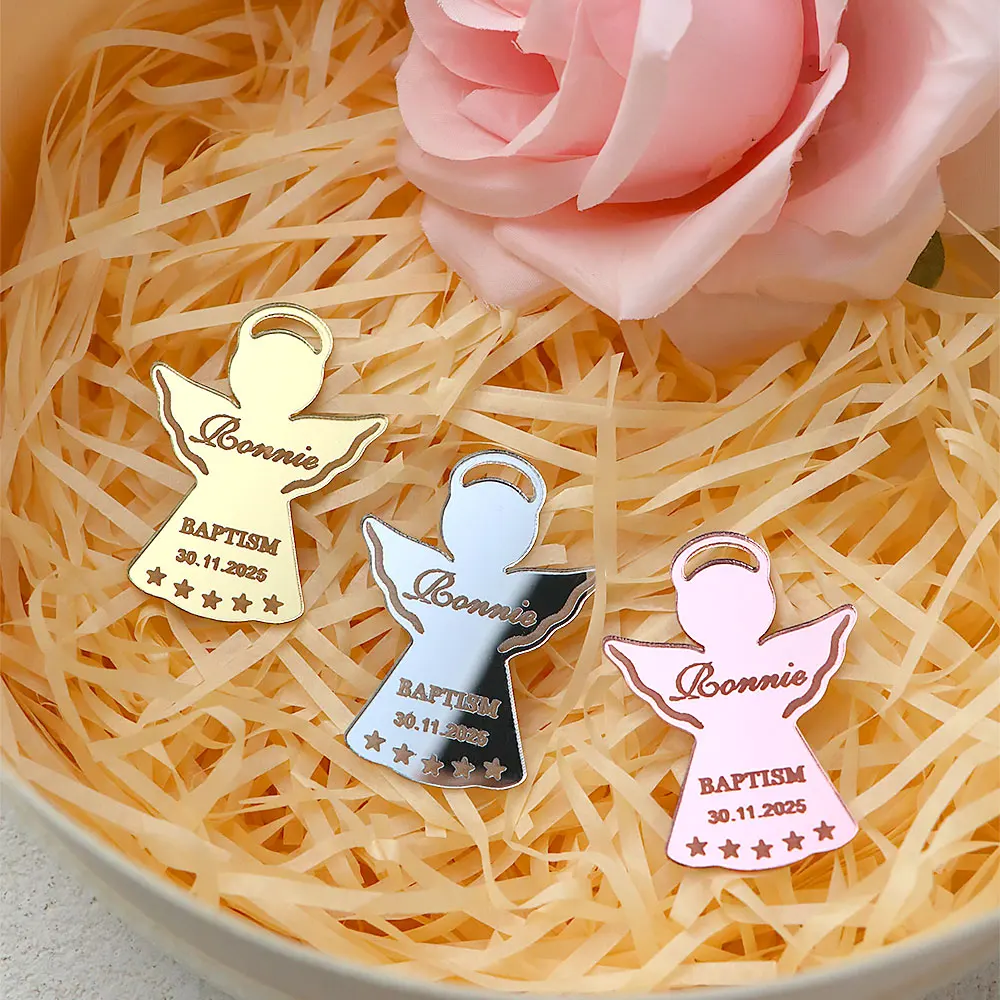 Etiqueta de espejo acrílico de Ángel personalizada, recuerdos de bautizo, bautismo, etiqueta de nombre Mi Bautizo, regalo, recuerdo de Baby Shower