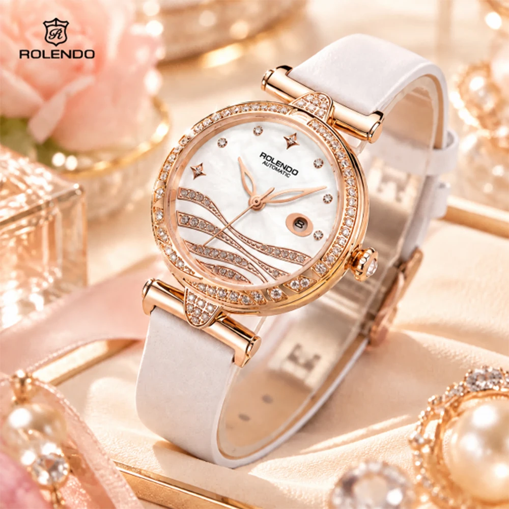 ROLENDO Women Automatic Mechanical Watch MIYOTA 6T15 Crystal Bezel Date Display Leather Strap 3ATM Water Resistant Ladies Watch